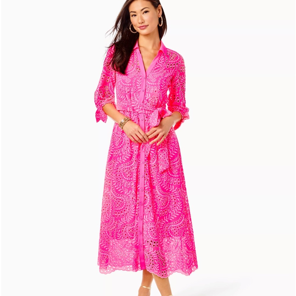 Lilly Pulitzer Amrita Eyelet Midi Dress Pink Isle Eyelet